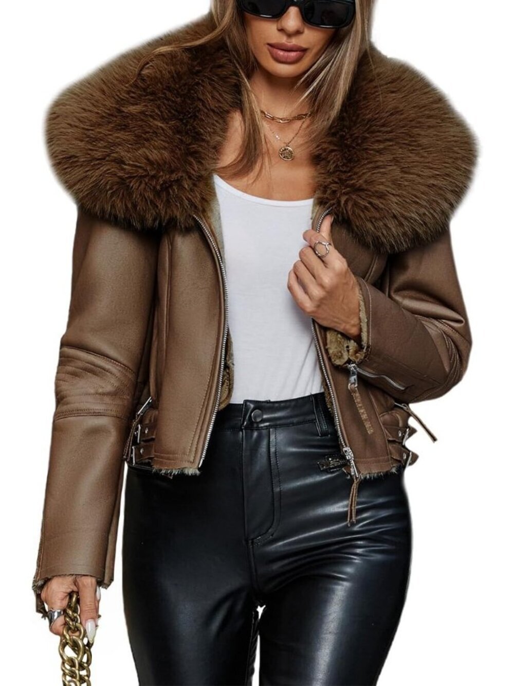 Womens Camel Polyester Faux Motorcycle Stylish Removable Fur Collar Jacket